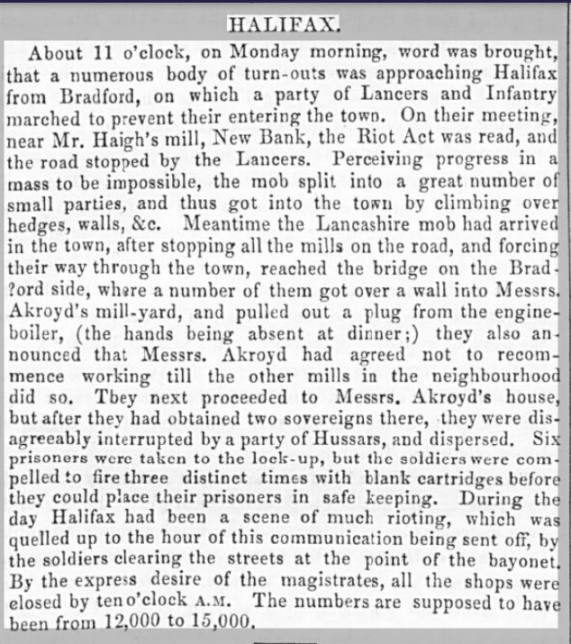 Newspaper on the Halifax Riots 18 August 1842 Patriot