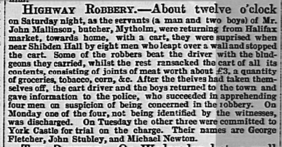 Newspaper of a robbery near Shibden Hall. 18 December 1847 Leeds Intelligencer