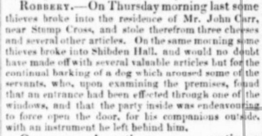 Newspaper on a break-in at Shibden Hall one week after Anne Lister's burial. 8 May 1841 Halifax Guardia