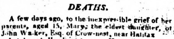 Death announcement of young Mary Walker in 18 February 1815 York Herald